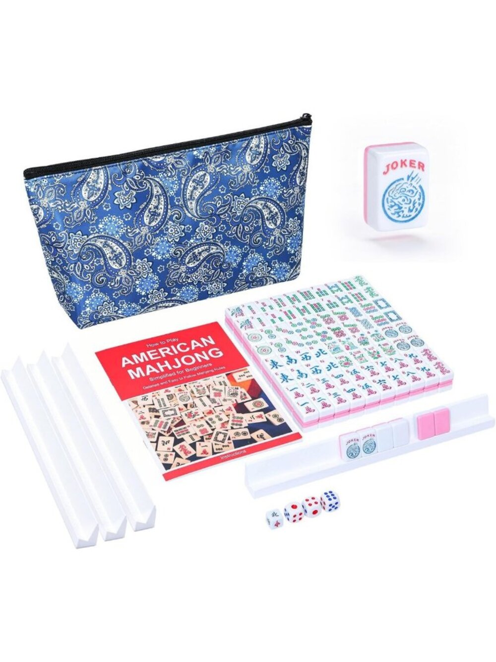 Portable Mini Mahjong Game Set with 166 Pink Tiles, 4 Racks & Travel Bag